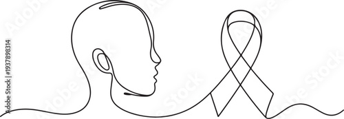 One continuous line drawing of head and neck cancer awareness month with white background. Awareness ribbon design in simple linear style.one line vector illustration with out background