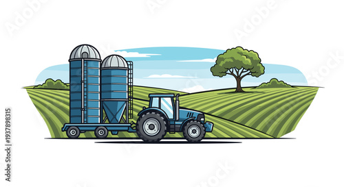 Large blue farm tractor hauling a silo trailer through vast green crop fields under a clear sky on a sunny summer day.