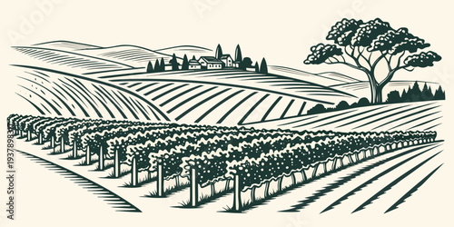 A serene landscape of rolling hills and a winding river. Vector