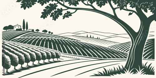 A serene landscape of rolling hills and a winding path under a clear sky. Vector