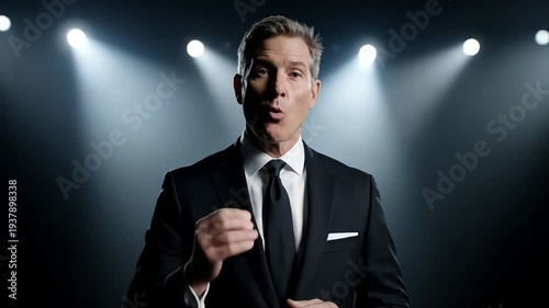 Middle Aged Man in Black Suit Speaking Under Bright Stage Lights Dramatic Portrait