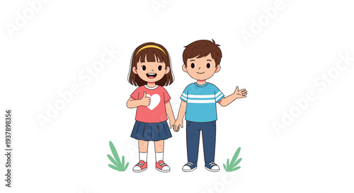 Two cute cartoon children, a boy and a girl, holding hands and smiling while the girl gives a positive thumbs up sign.
