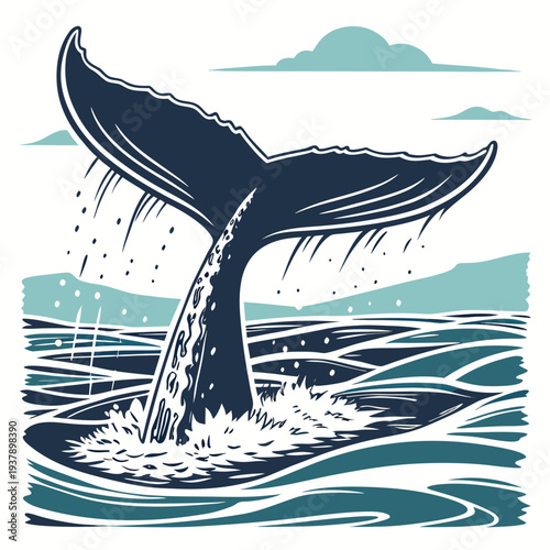 A majestic whale tail emerges from the ocean waves with a distant island in the background. Vector