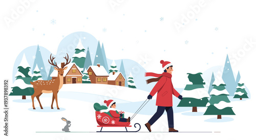 Peaceful winter village landscape with a man pulling a child on a sled past snow covered houses and forest animals.