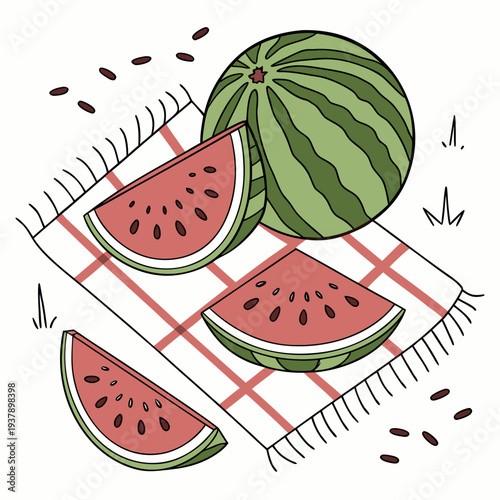 A vibrant illustration of watermelons on a picnic blanket with a butterfly nearby Vector