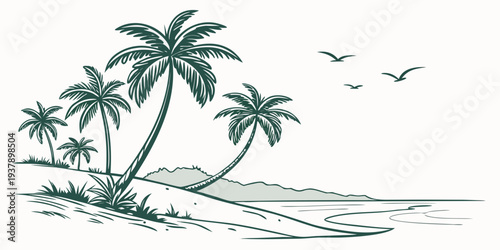 A serene tropical beach scene with palm trees and birds flying overhead Vector