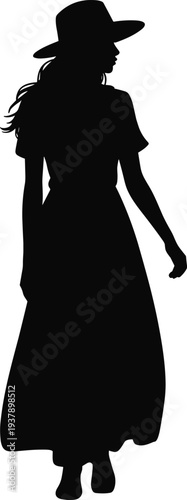 Black silhouette of an elegant woman wearing a wide brim hat and long maxi dress walking gracefully on a white background for summer fashion