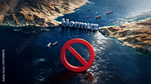 Hormuz Prohibition: A striking visual of the Strait of Hormuz, overlaid with a prominent no entry symbol, suggesting a sense of restriction and a complex geopolitical climate.