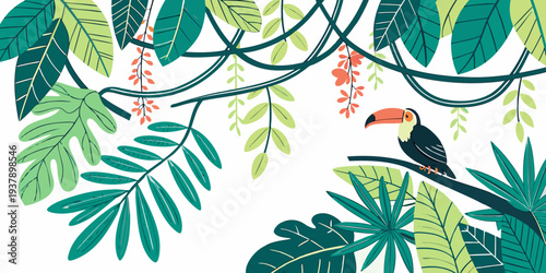 A vibrant illustration of red birds perched on lush green leaves and branches Vector