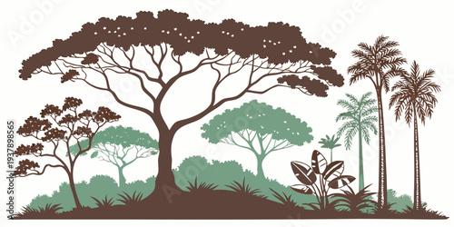 A serene landscape with tall trees and a lush green field under a clear sky Vector