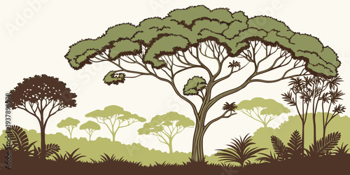 A serene landscape with two large trees standing tall on a hillside. Vector