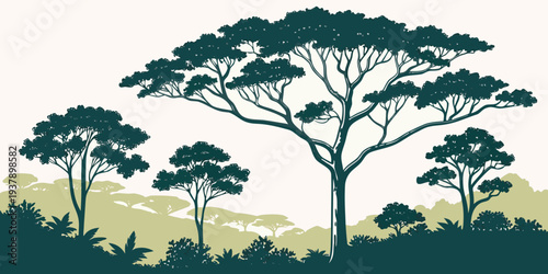 A serene landscape featuring a cluster of tall, lush green trees with a clear blue sky in the background. Vector