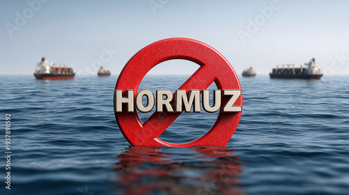 Hormuz Prohibited: A visual depiction of the strait of Hormuz, with a prohibition sign overlaid on the water in front of a line of tanker ships.