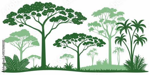 A serene forest landscape with tall trees and lush greenery under a clear sky. Vector