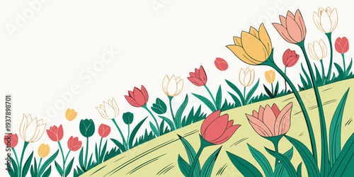 A vibrant field of flowers with a winding path leading towards a distant horizon Vector