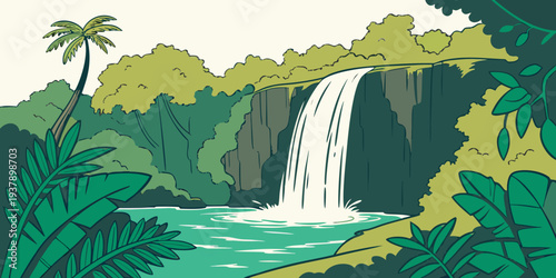 A vibrant waterfall cascading into a lush green jungle pool surrounded by tropical foliage Vector