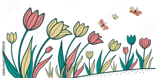 A vibrant and colorful illustration of a field of flowers in full bloom Vector