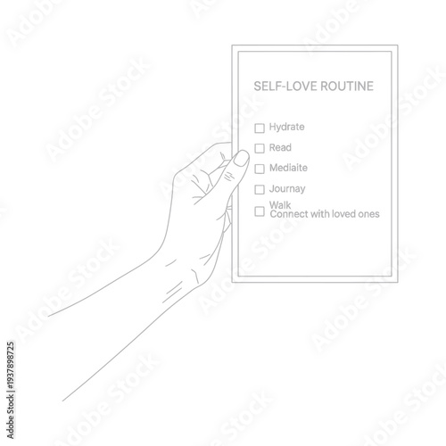 Hand holding a checklist for self love routine with tasks minimalist style illustration