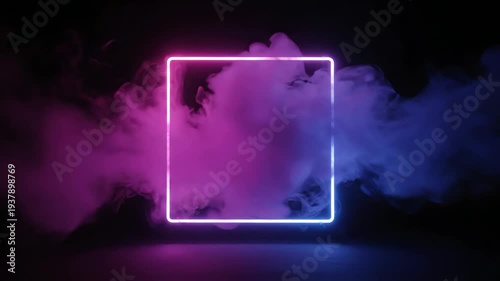 Neon Square with Pink Top and Blue Bottom Glow in Dark Room with Reflective Floor and Subtle Smoke