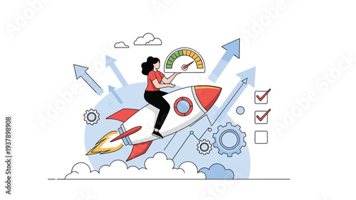 Successful woman entrepreneur riding a fast rocket representing rapid business growth and project development with arrows and charts.