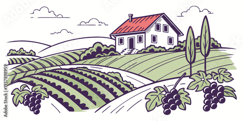 A picturesque countryside scene with a farmhouse and rolling hills in the background Vector