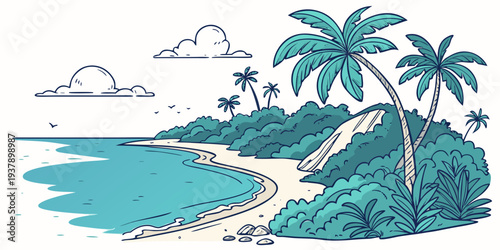 A serene tropical beach with palm trees and clear blue waters Vector