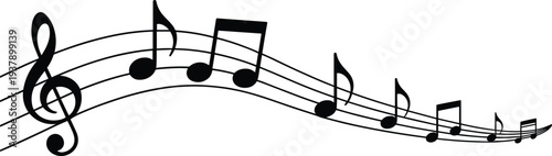 Black and white musical notes and treble clef on a flowing line