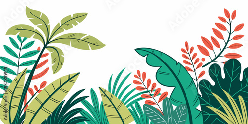 Vibrant tropical plants with lush green foliage and colorful flowers Vector