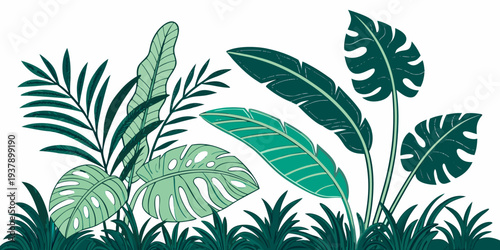 Vibrant tropical leaves in shades of green and blue on a white background Vector