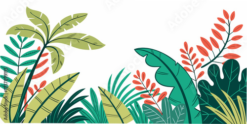 Vibrant tropical foliage with lush green leaves and colorful flowers in a natural setting Vector