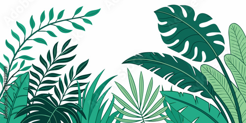 Vibrant green tropical foliage with various leaf shapes and patterns Vector