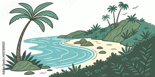 A serene tropical beach with palm trees and a small stream flowing into the ocean Vector