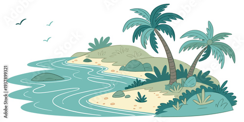 Tropical island with palm trees and a small beach surrounded by water Vector