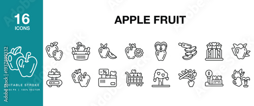 Apple Fruit icon set. Includes apple, fruit, fresh, juicy, red, green, sweet, ripe and More. Editable Stroke Icon Collection.