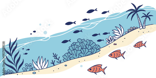 A vibrant underwater scene with diverse marine life and coral reefs. Vector