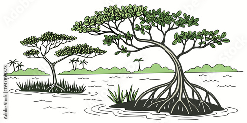 A serene landscape featuring a large tree with a family of elephants nearby Vector