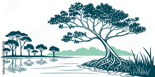 A serene landscape featuring a large tree standing tall amidst a field of grass. Vector