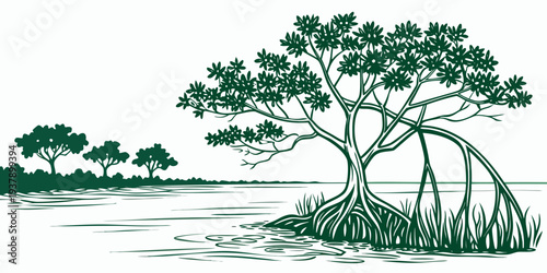 A serene landscape featuring a tranquil lake surrounded by lush green trees. Vector