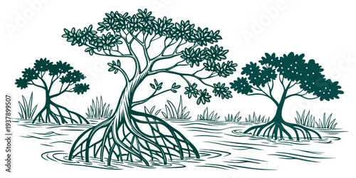 A serene landscape featuring a cluster of trees with lush green foliage Vector