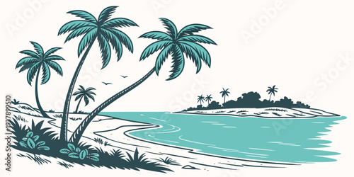 A serene tropical island with palm trees and a small beach. Vector