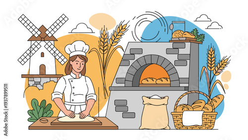 Female baker in uniform kneading dough in a traditional bakery with a stone oven, windmill, and wheat stalks background.