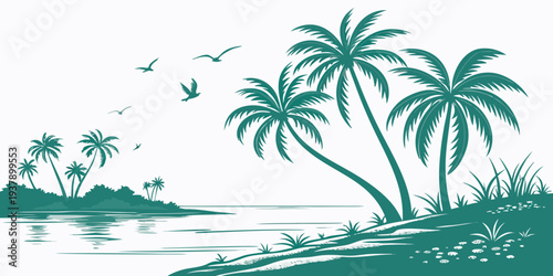 A serene tropical island with palm trees and a calm ocean in the background Vector