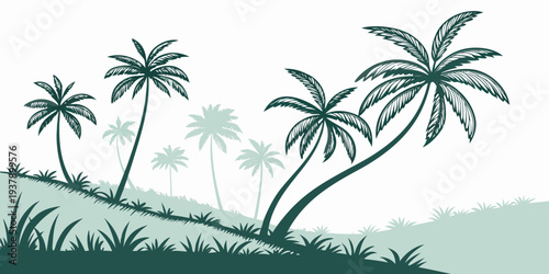Serene tropical beach scene with palm trees and calm ocean waves Vector