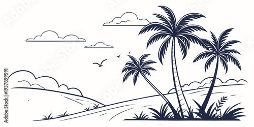 A serene tropical beach scene with palm trees and gentle waves Vector