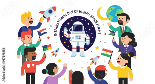 Diverse group of people celebrating International Day of Human Space Flight around an astronaut emblem surrounded by stars and planets