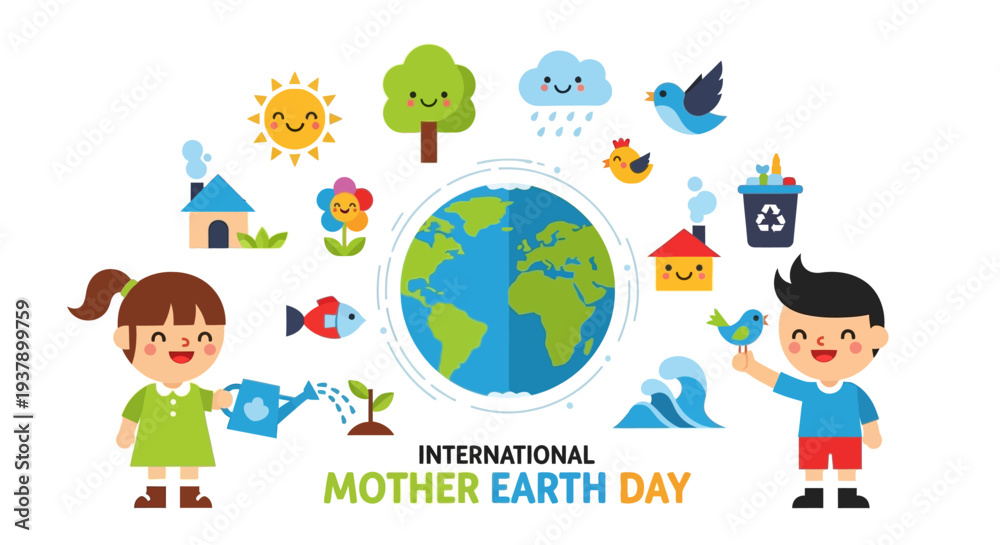 Naklejka premium Children celebrating International Mother Earth Day with global environmental awareness and eco-friendly activities around the world