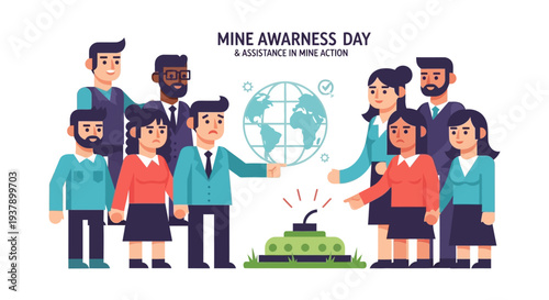 Diverse group of people standing together raising awareness about landmines on Mine Awareness Day in a public campaign illustration