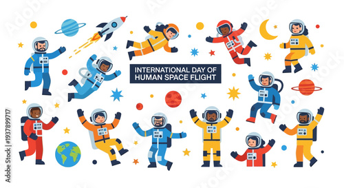 Celebration of International Day of Human Space Flight with Astronauts in Various Poses Surrounded by Planets and Stars