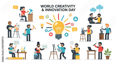 People Engaging in Creative Activities Around a Large Light Bulb Symbolizing Innovation and Creativity