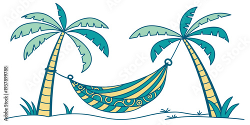 A serene beach scene with two palm trees and a hammock. Vector